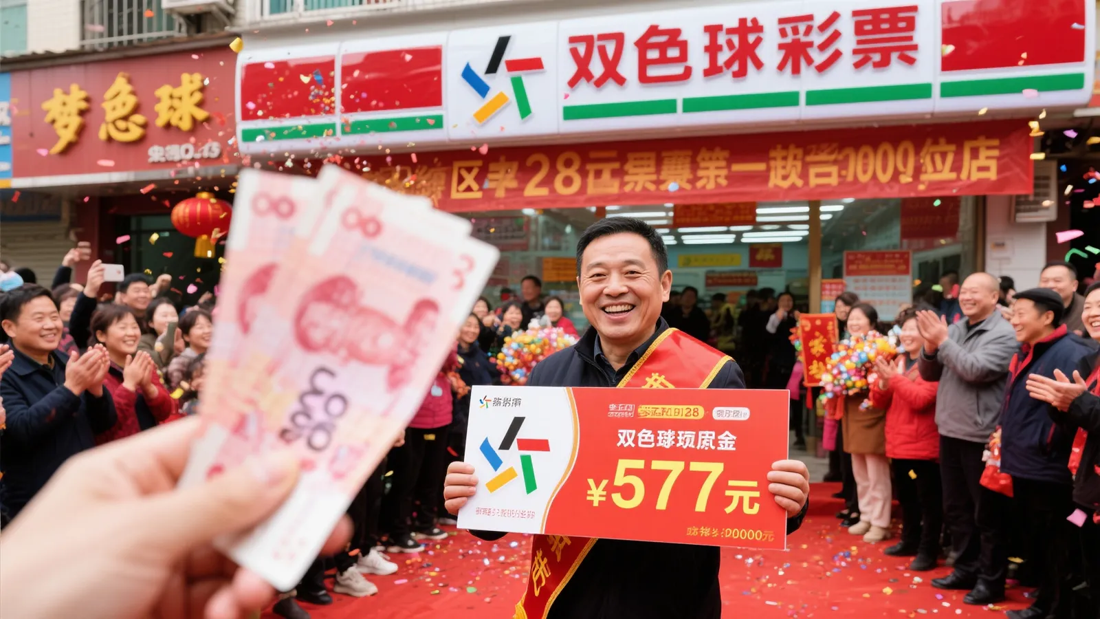 彩民喜中双色球577万 28元投注创奇迹 中奖站点欢庆热闹非凡-图